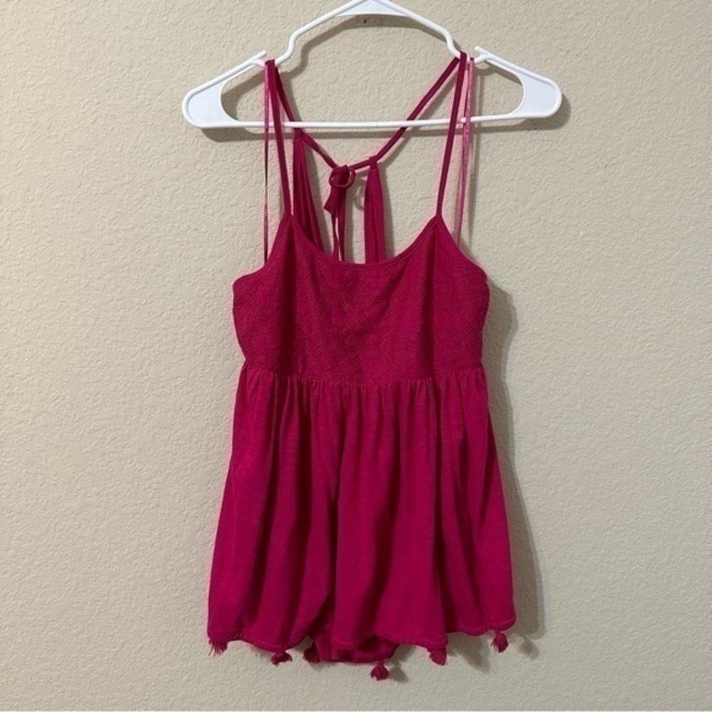 a.n.a. Top Fushsia Pink Halter Tank Tie Back Tassels Boho Hippie Festival